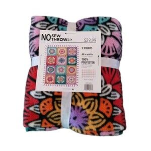 No Sew Fleece Throw Kit, Granny Square/Plaid Print, 48" x 60", Anti-Pill, NEW!